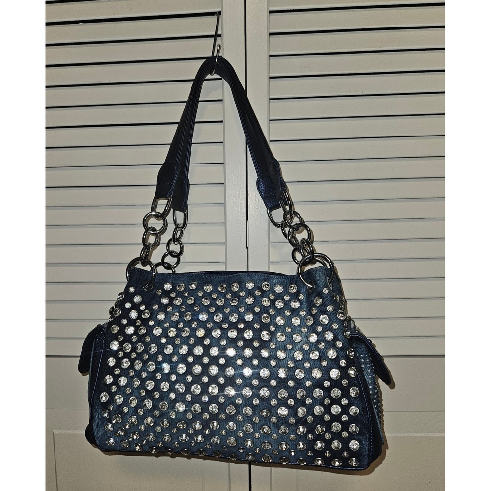 Blue Denim color Metallic Faux Leather Rhinestone Studded Chain Shoulder Bag
